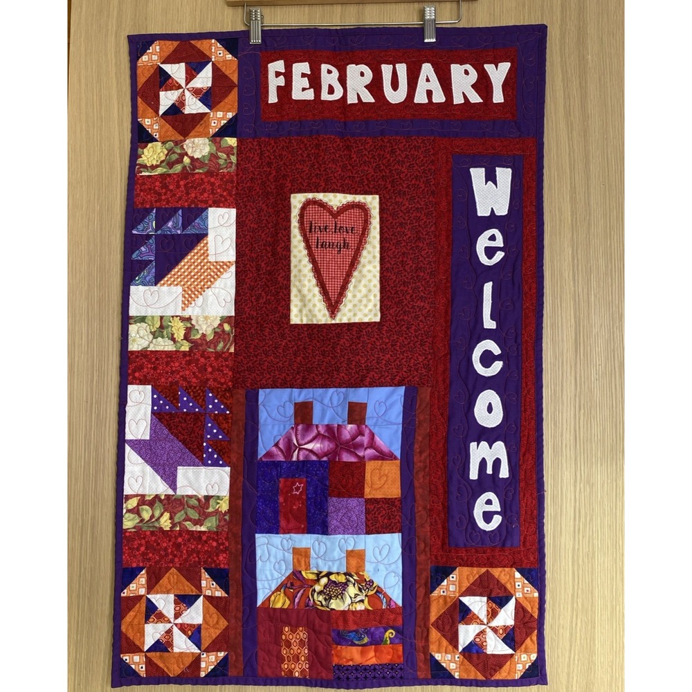 February Valentine's Heart Quilted Wall Hanging Live Love Laugh Welcome 24"x 36"